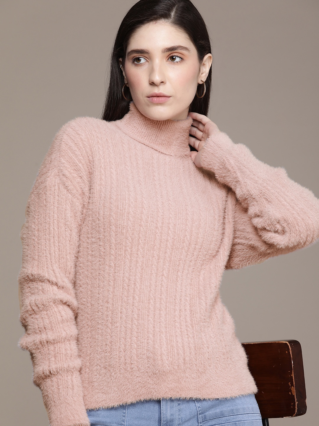 

French Connection Self-Design Turtle Neck Pullover, Pink