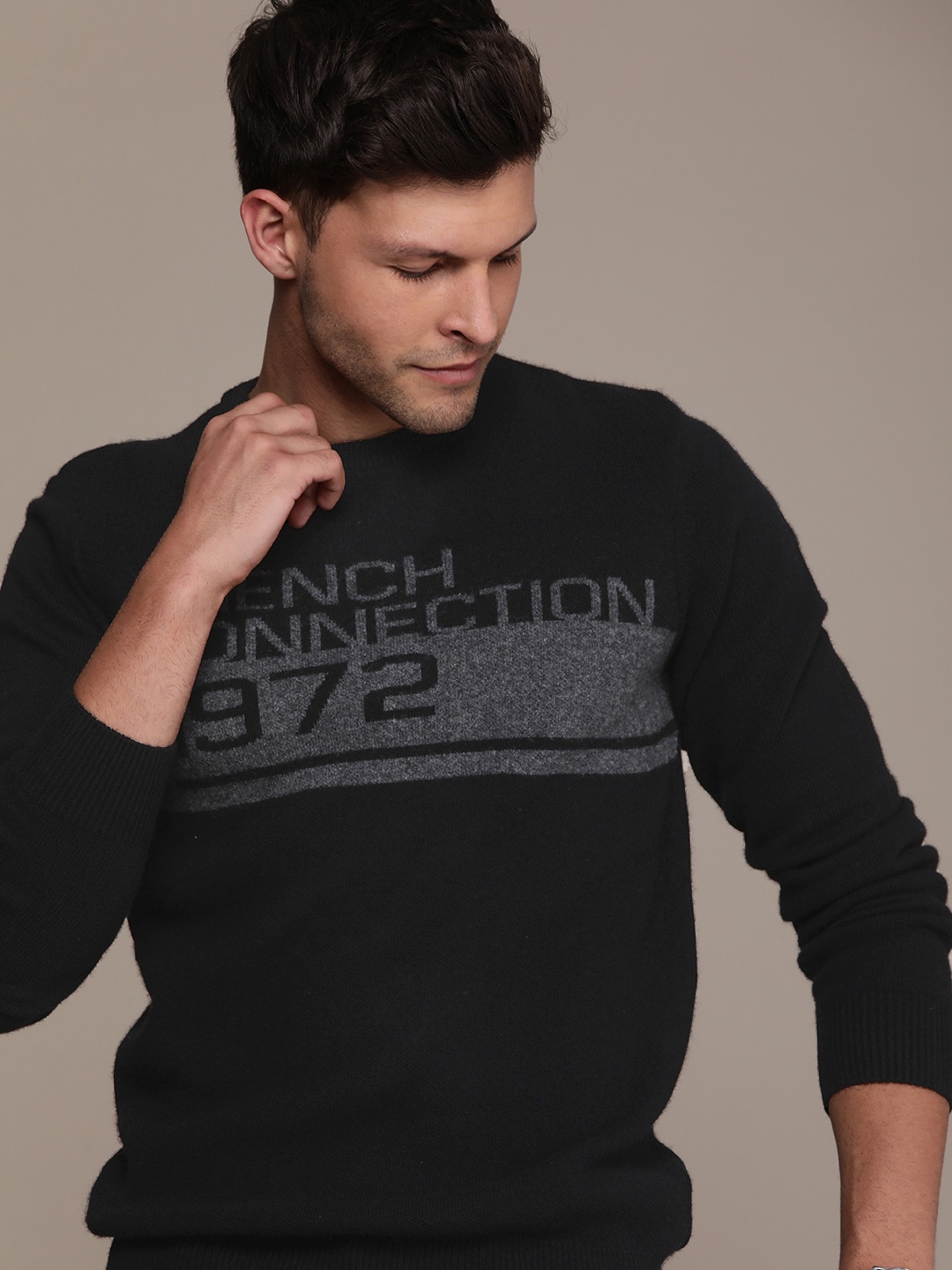 French Connection Men Brand Logo Printed Pullover, Black