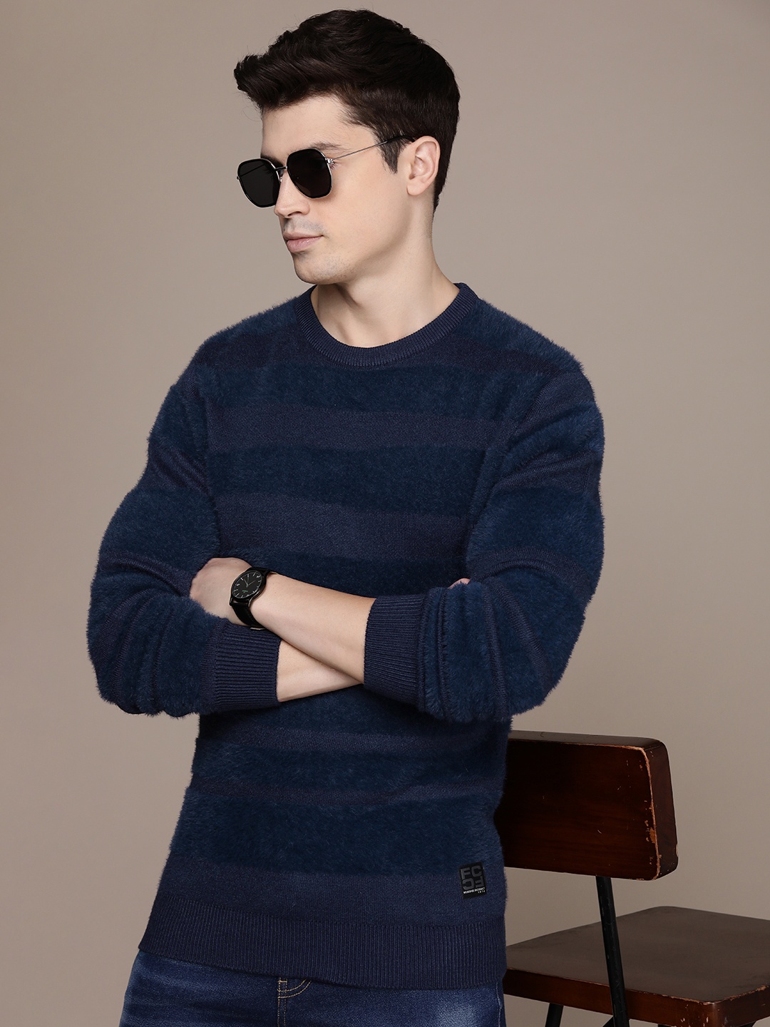 

French Connection Round Neck Sweater with Fuzzy Detail, Navy blue