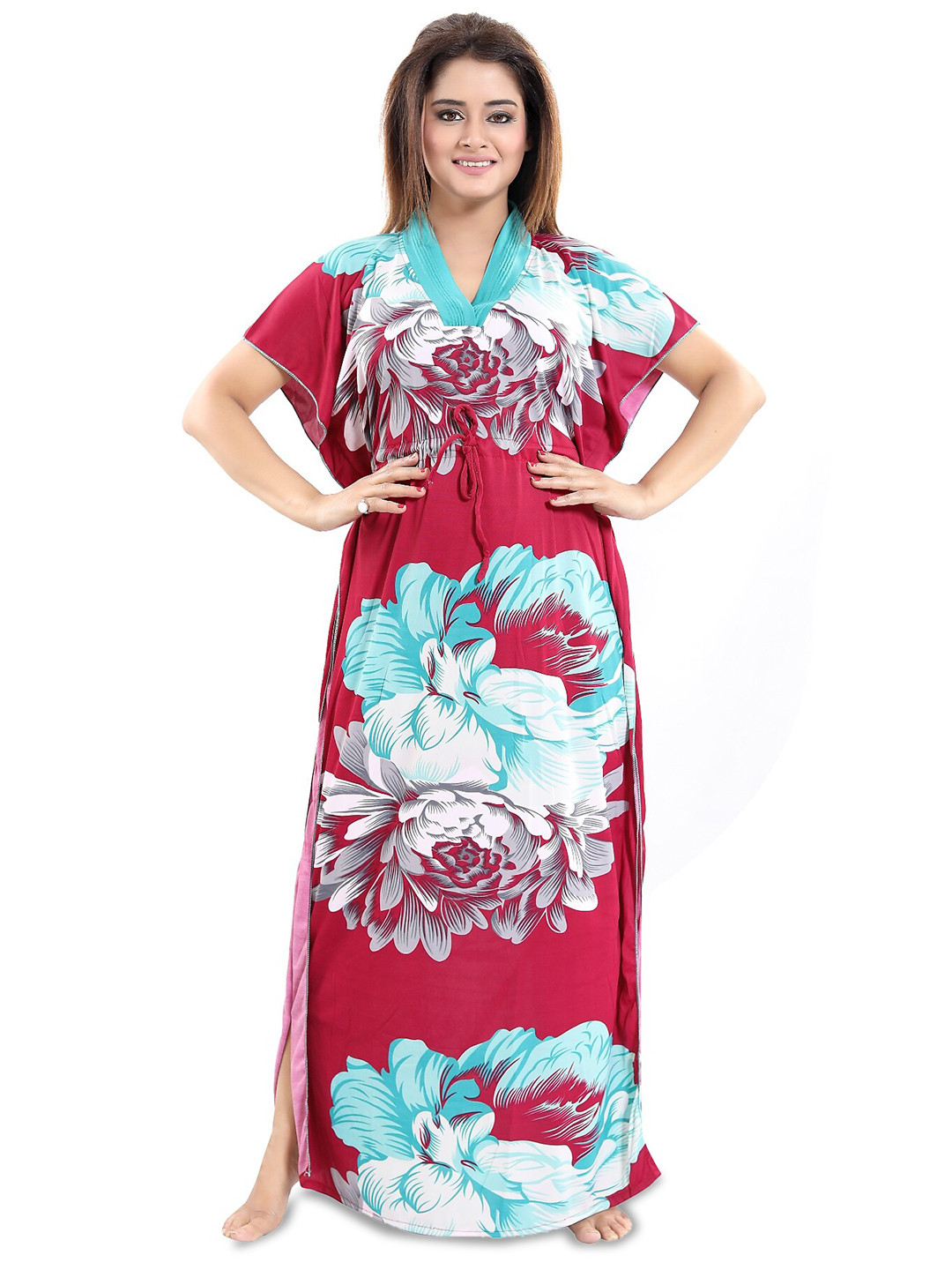 

SHOPPING STATION Floral Printed Satin Maxi Kaftan Nightdress, Maroon