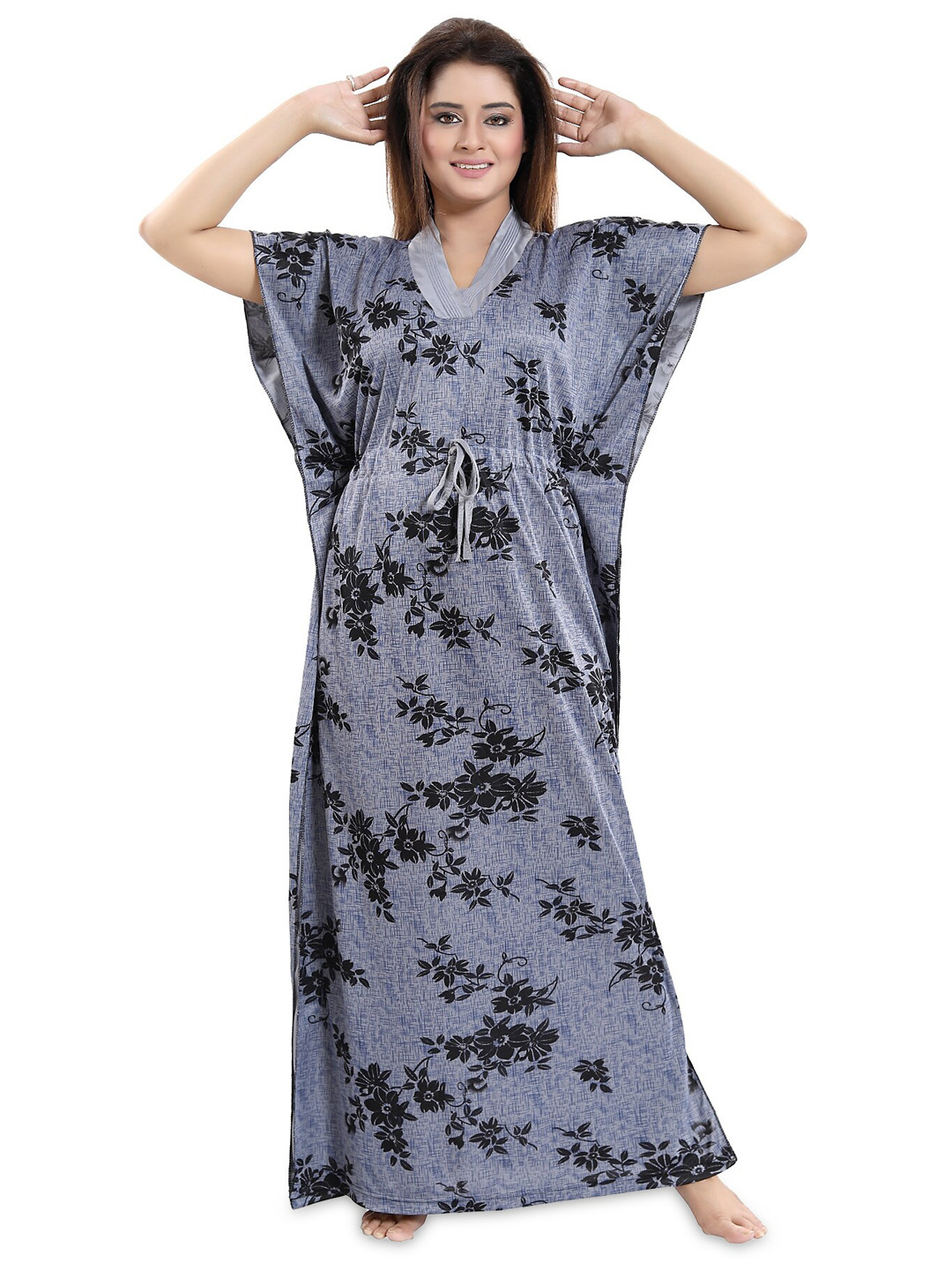 

SHOPPING STATION Floral Printed Satin Maxi Kaftan Nightdress, Grey