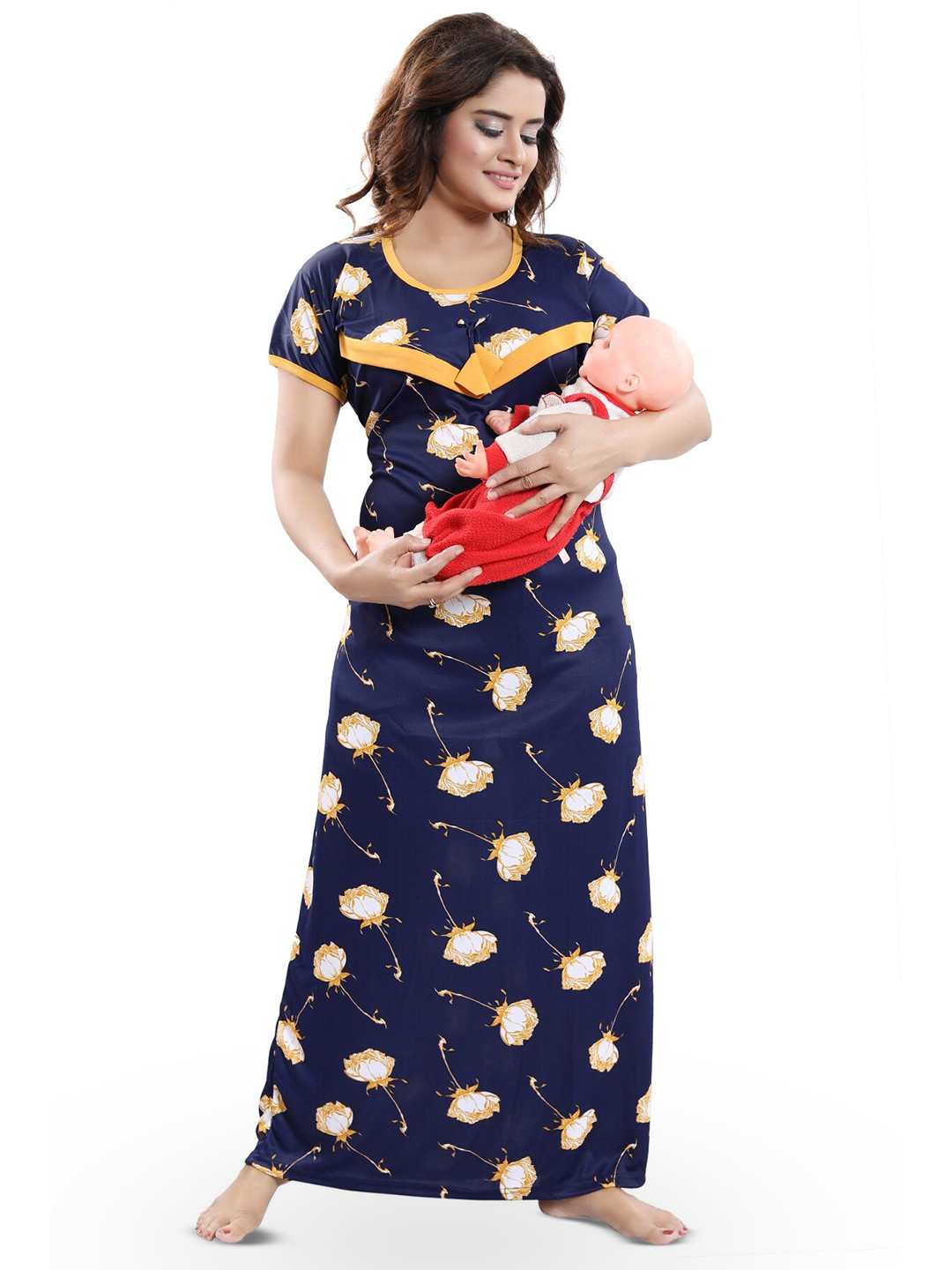 

SHOPPING STATION Floral Printed Satin Maternity Maxi Nightdress, Navy blue
