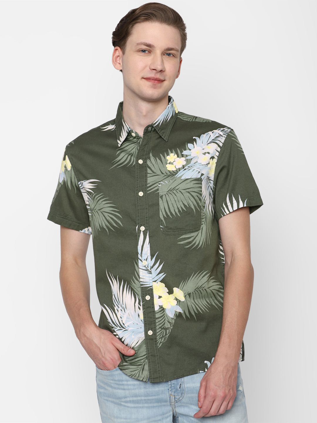 

AMERICAN EAGLE OUTFITTERS Pure Cotton Classic Fit Printed Casual Shirt, Olive