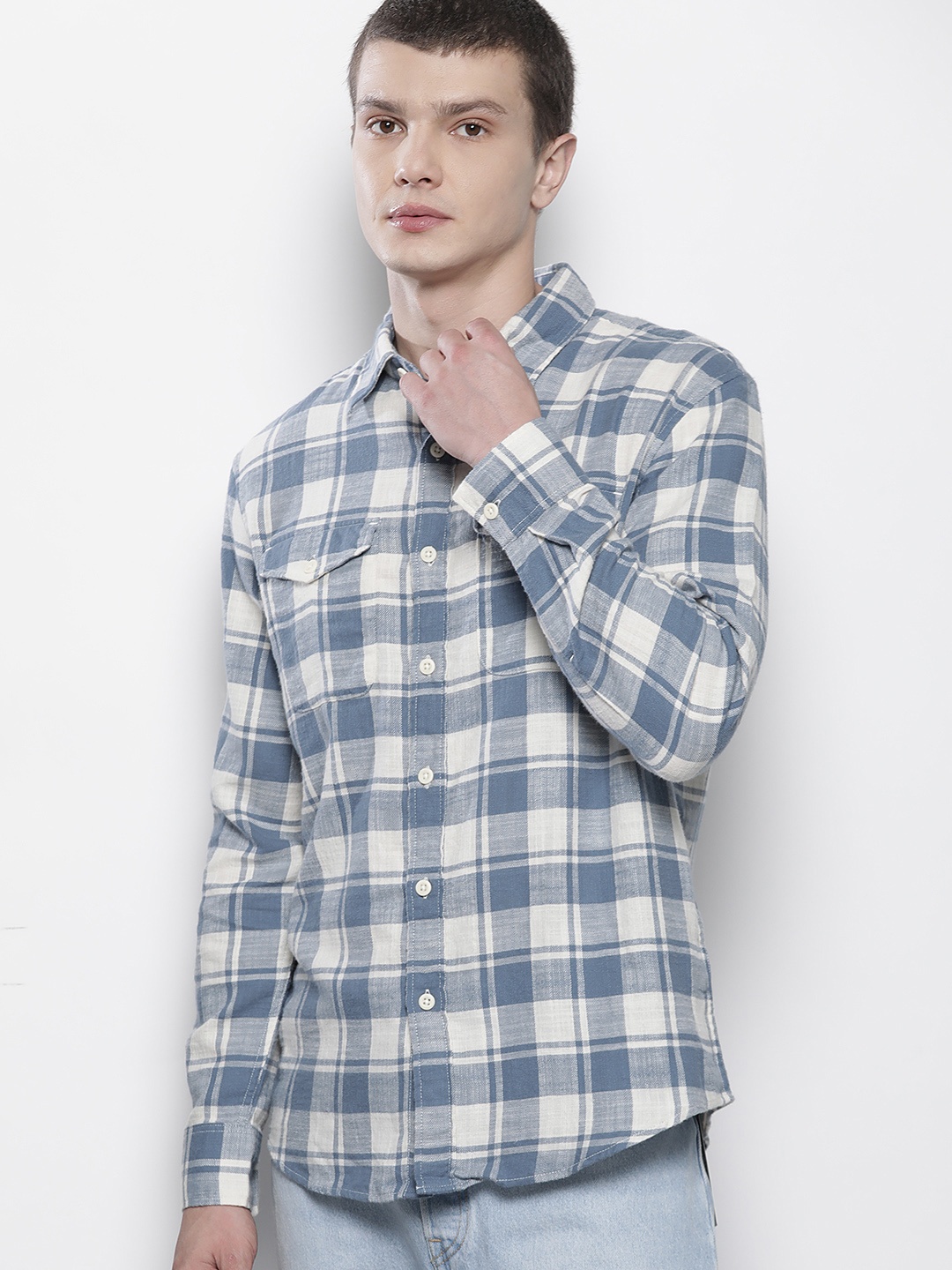 

AMERICAN EAGLE OUTFITTERS Pure Cotton Checked Casual Flannel Shirt, Blue