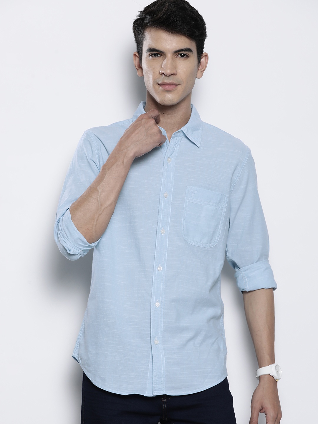 AMERICAN EAGLE OUTFITTERS Pure Cotton Comfort Slim Fit Casual Shirt, Blue