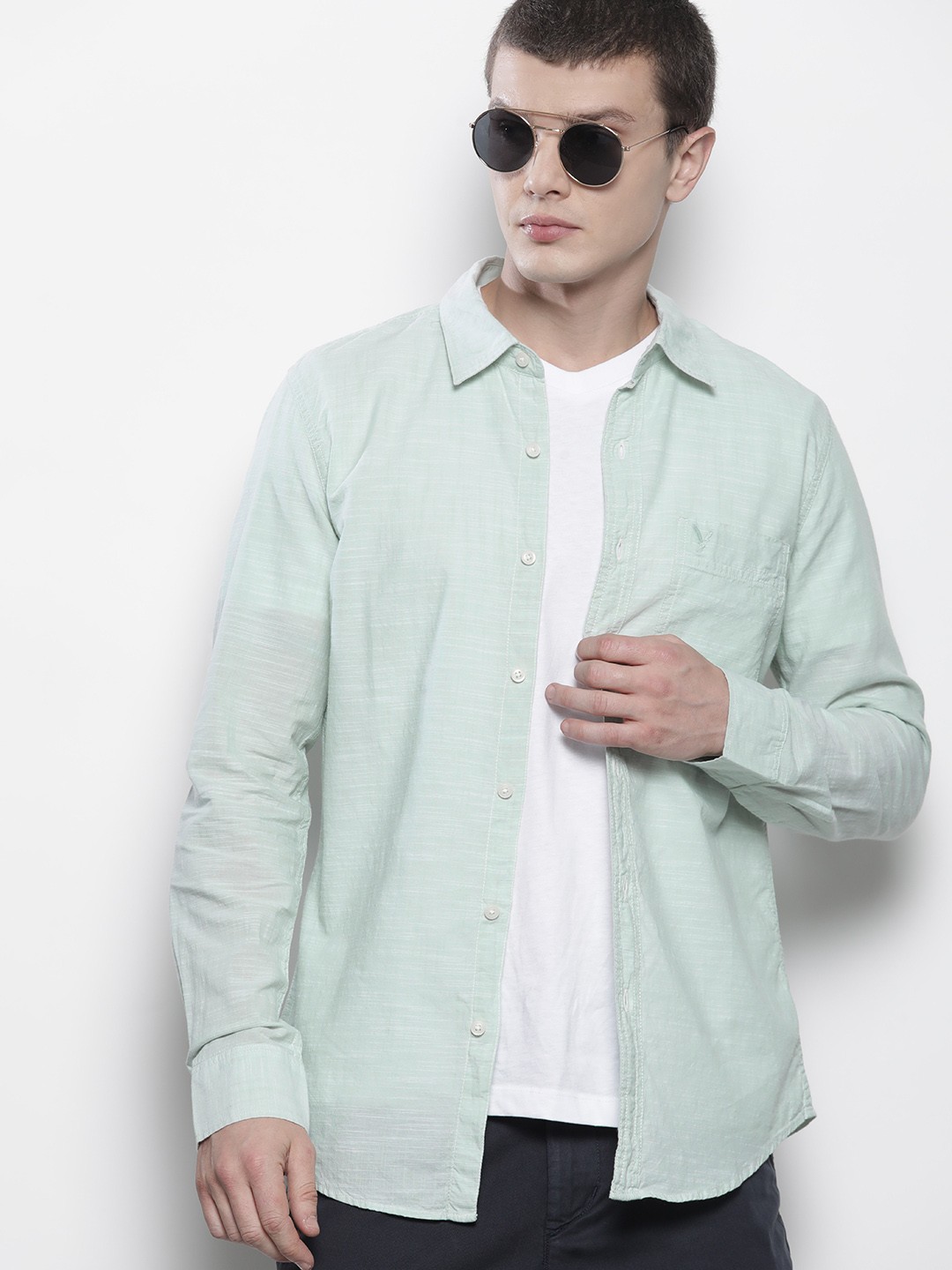 

AMERICAN EAGLE OUTFITTERS Pure Cotton Slim Fit Casual Shirt, Sea green