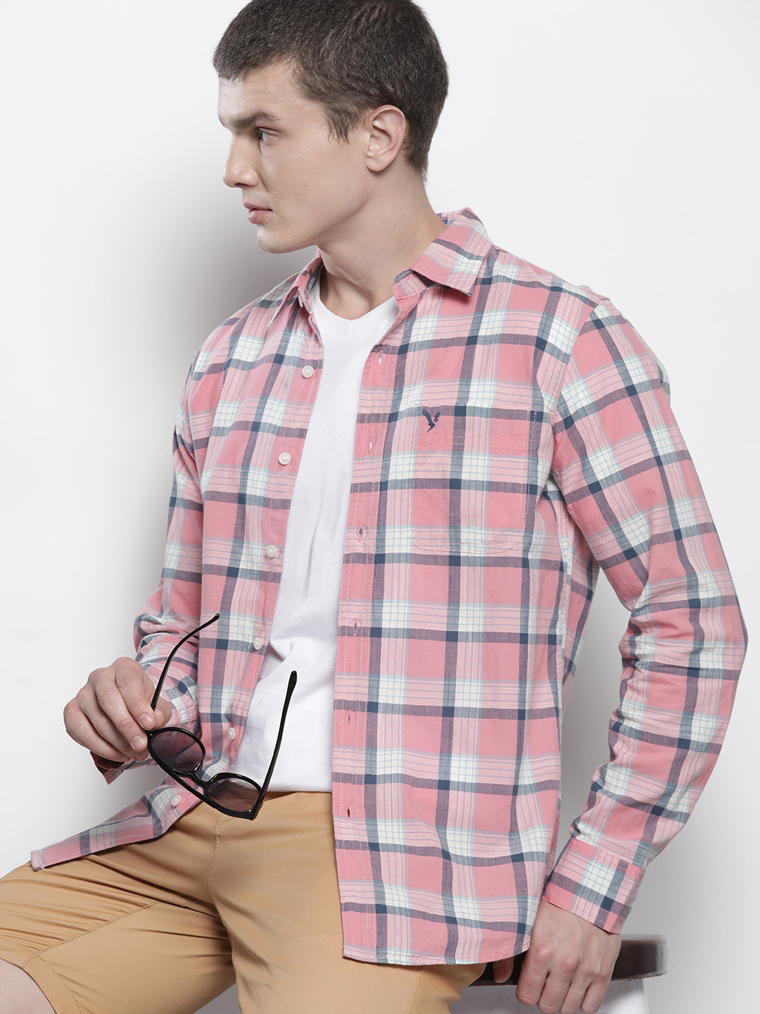 

AMERICAN EAGLE OUTFITTERS Pure Cotton Slim Fit Tartan Checked Casual Shirt, Pink