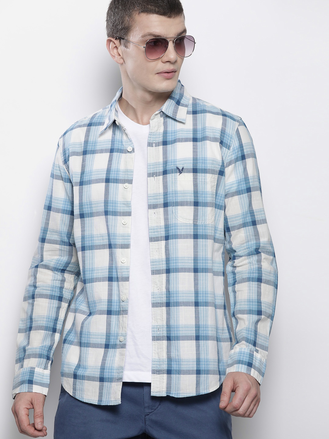 

AMERICAN EAGLE OUTFITTERS Pure Cotton Slim Fit Tartan Checked Casual Shirt, Blue