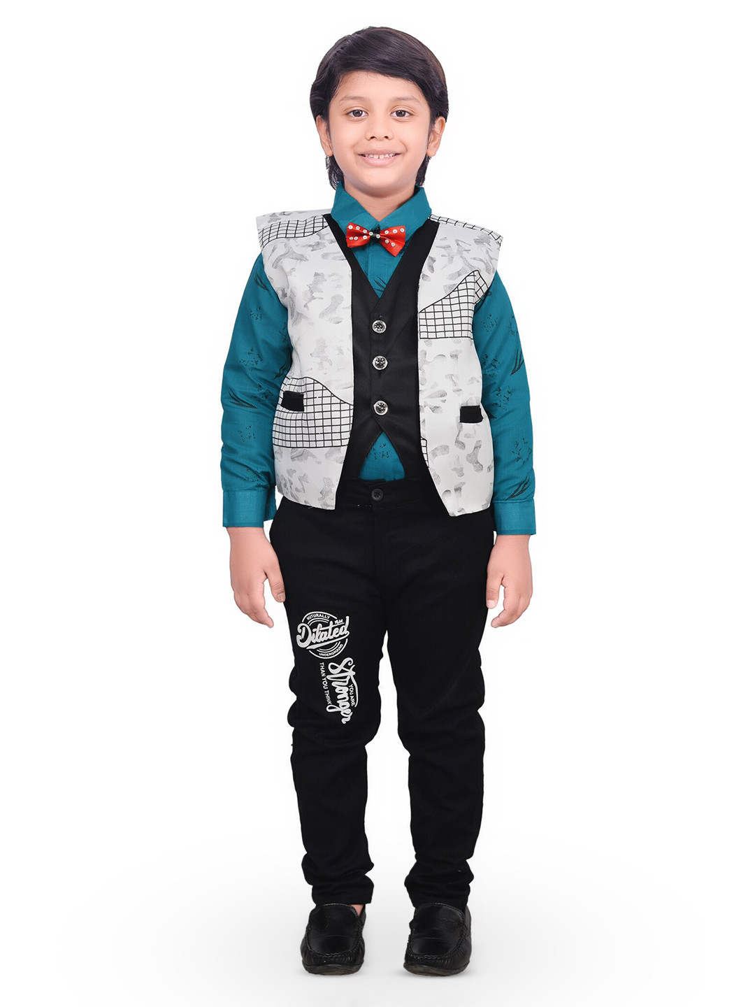 

KIDZAREA Boys Printed Shirt with Trousers & Waistcoat Set, Blue