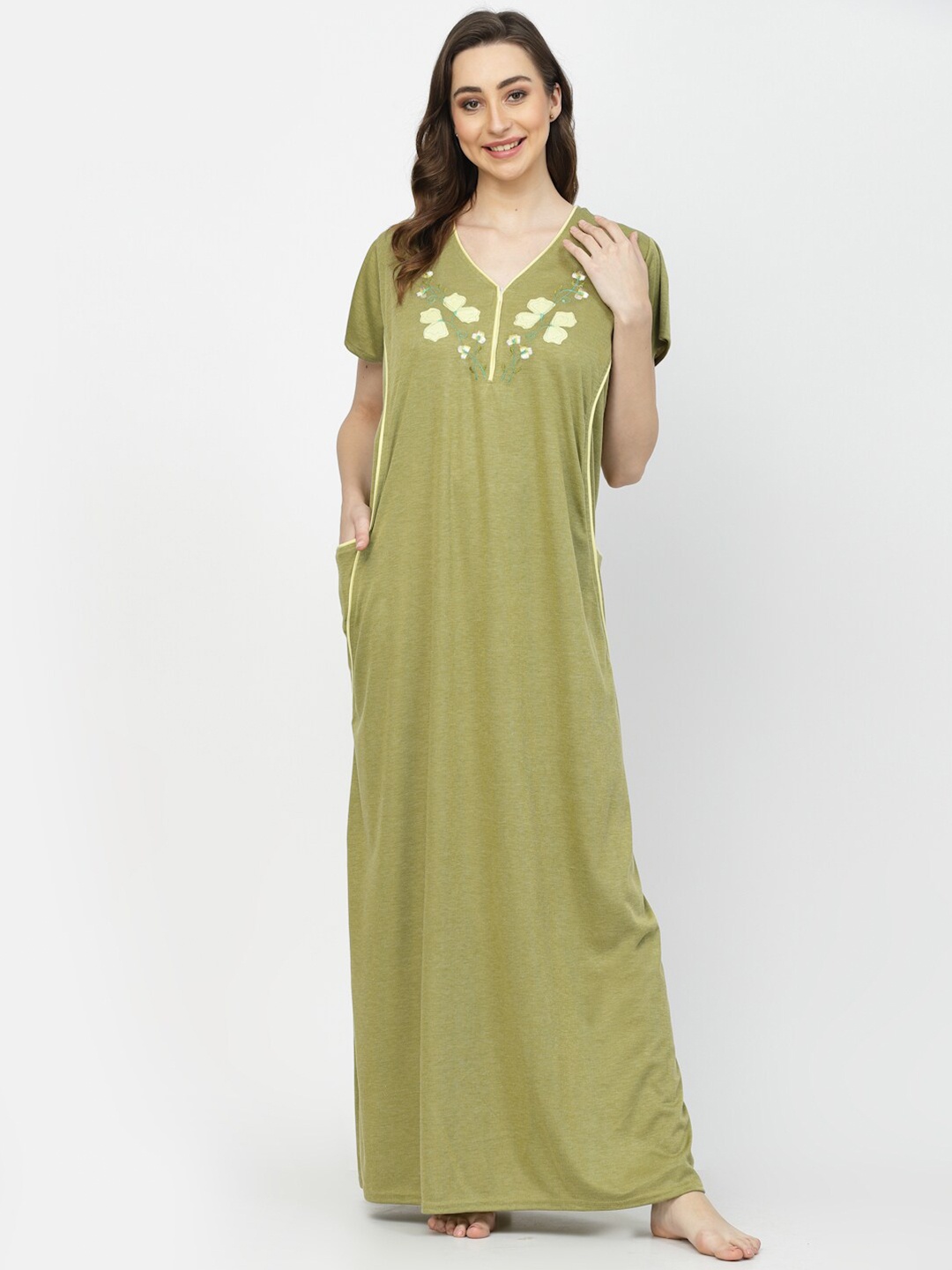 

Arrabi Floral Embroidered Organic Cotton Maxi Nightdress, Green