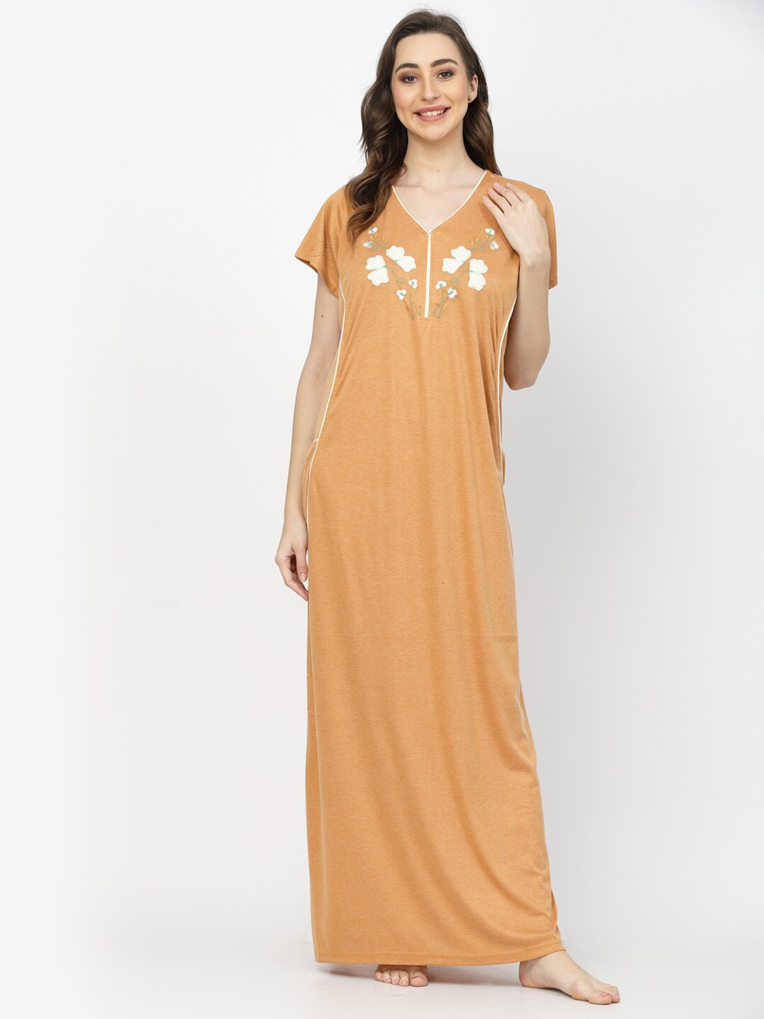 

Arrabi Floral Embroidered Organic Cotton Maxi Nightdress, Orange