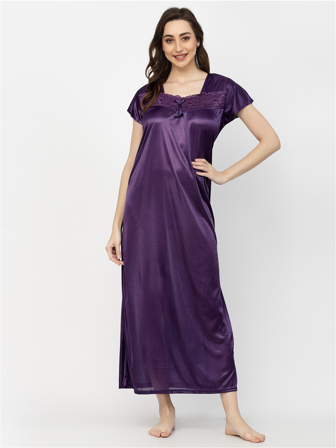 

Arrabi Square Neck Lace Up Detail Satin Maxi Nightdress, Purple