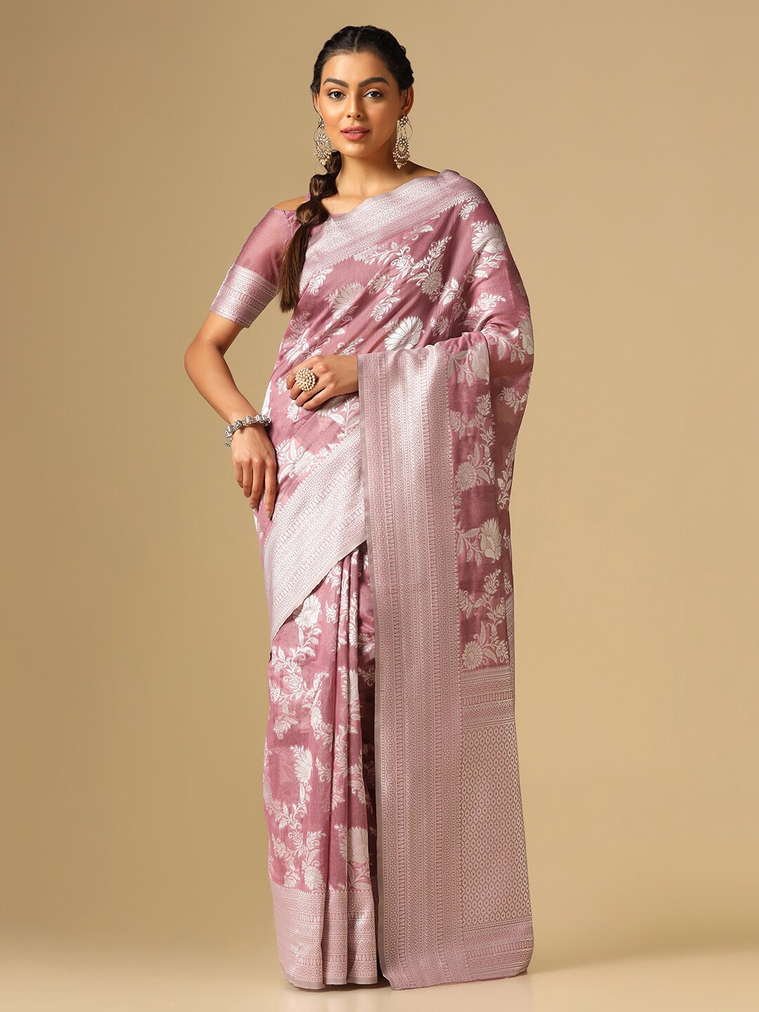 

Satrani Pink & Silver-Toned Floral Woven Design Zari Banarasi Saree