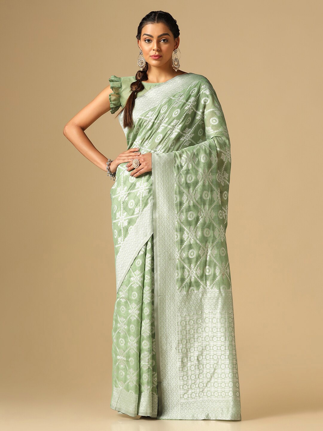 

Satrani Green And Silver-Toned Ethnic Motif Woven Design Zari Banarasi Saree