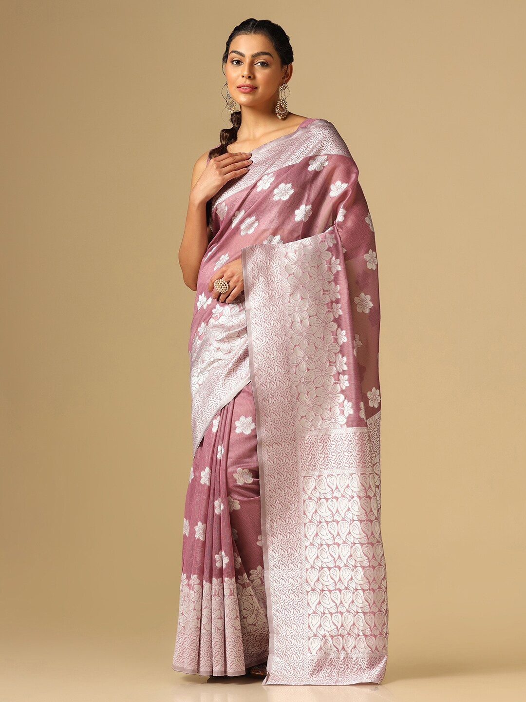 

Satrani Pink & Silver-Toned Floral Woven Design Zari Banarasi Saree