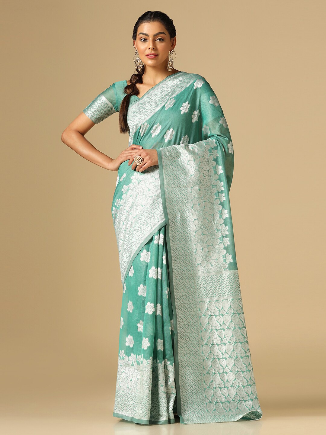 

Satrani Sea Green & Silver-Toned Floral Woven Design Zari Banarasi Saree