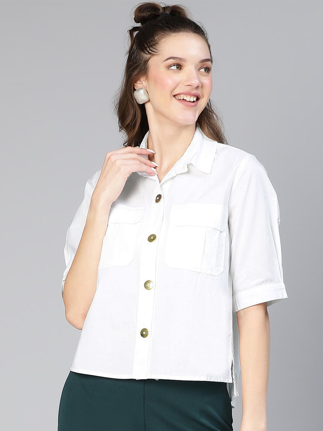 

Oxolloxo Spread Collar Chest Pocket Cotton Casual Shirt, White
