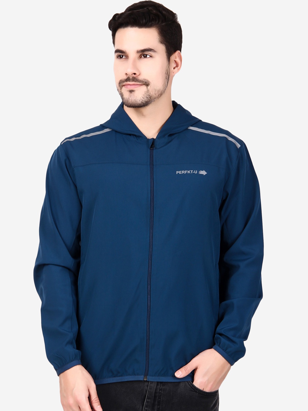 

PERFKT-U Hooded Windcheater Crop Training or Gym Sporty Jacket, Blue