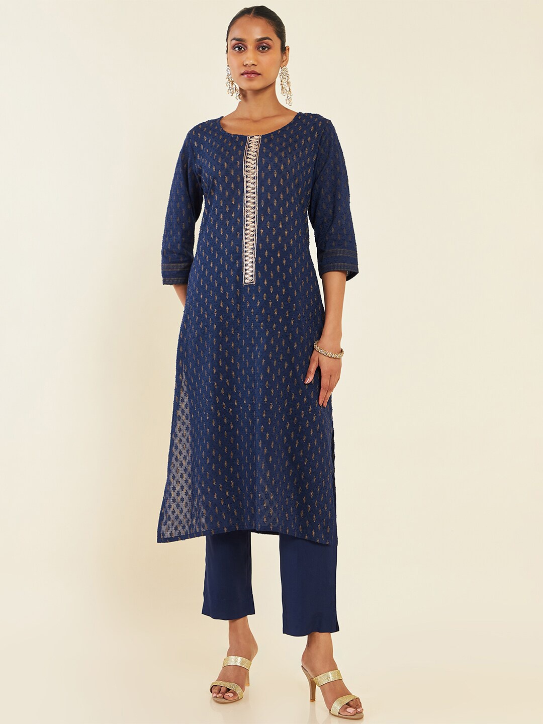 

Soch Navy Blue Ethnic Motifs Printed Straight Pure Cotton Kurta & Trousers With Dupatta