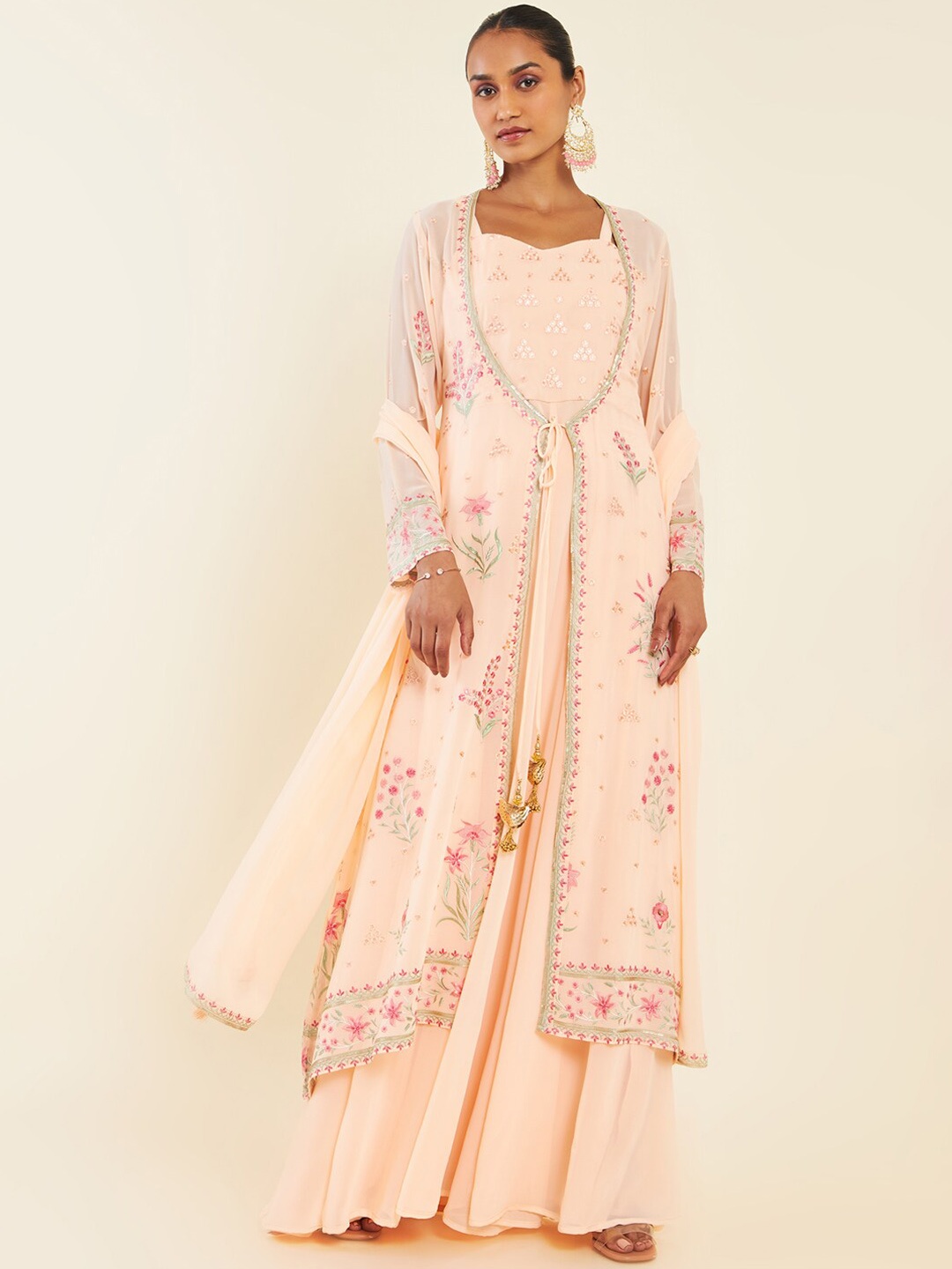 

Soch Peach-Coloured & Red Embroidered Layered Kurta With Churidar & Dupatta