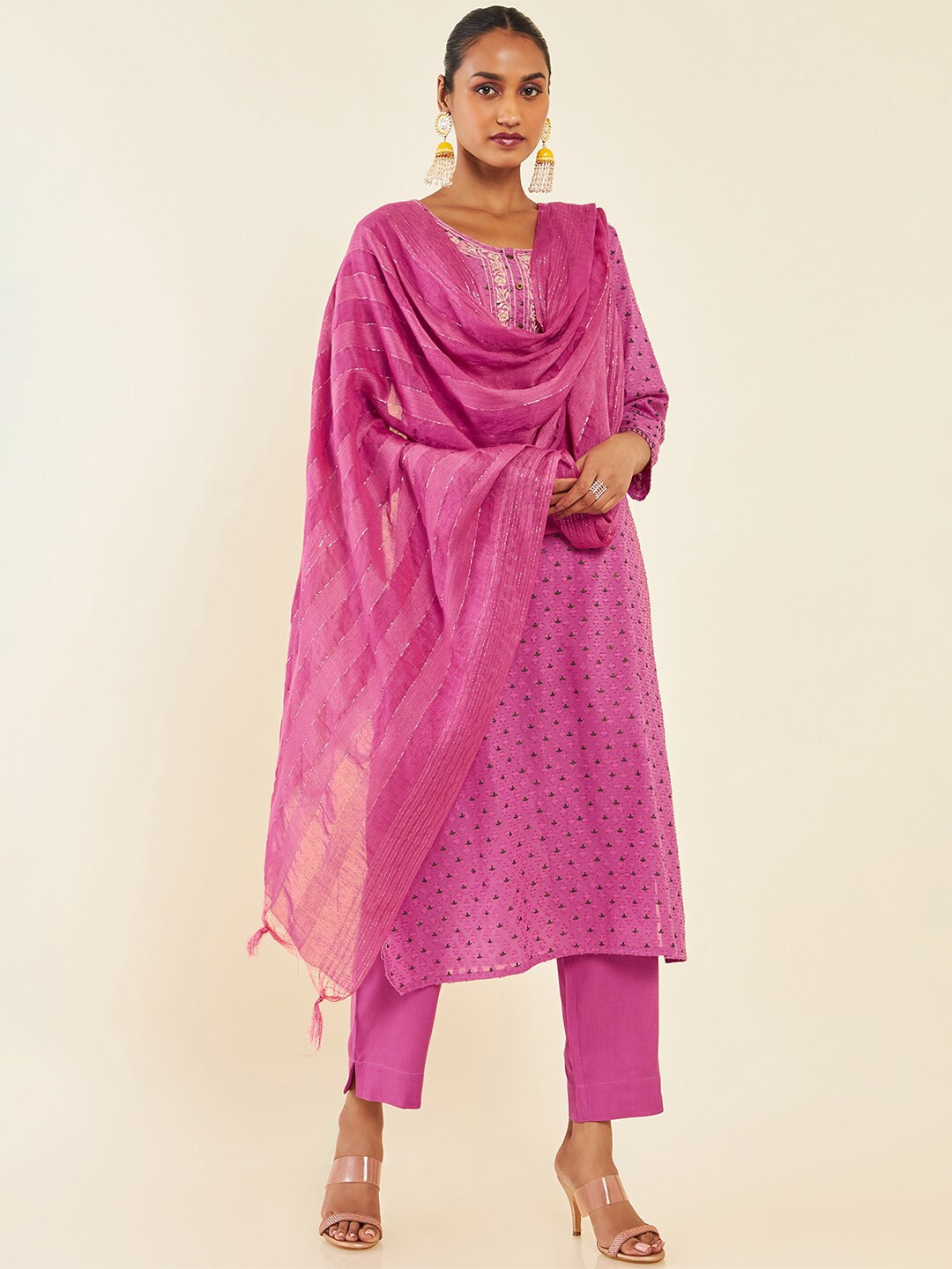 

Soch Pink Self Design Regular Straight Kurta with Trousers & Dupatta