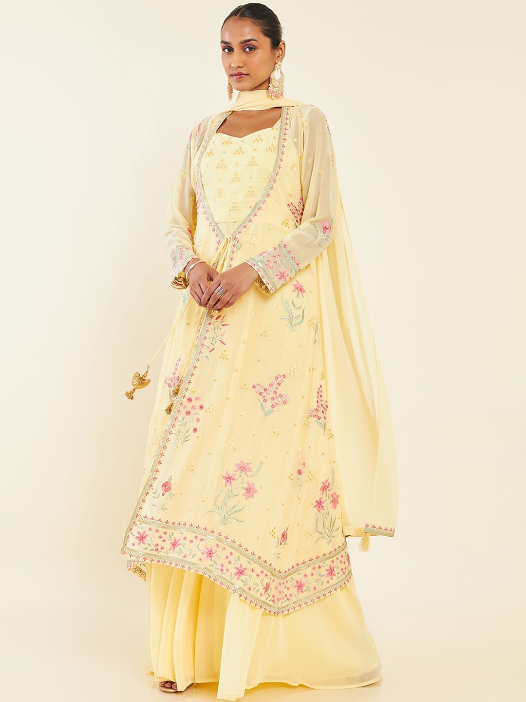 

Soch Floral Embroidered Regular Thread Work Kurta with Churidar & With Dupatta, Yellow