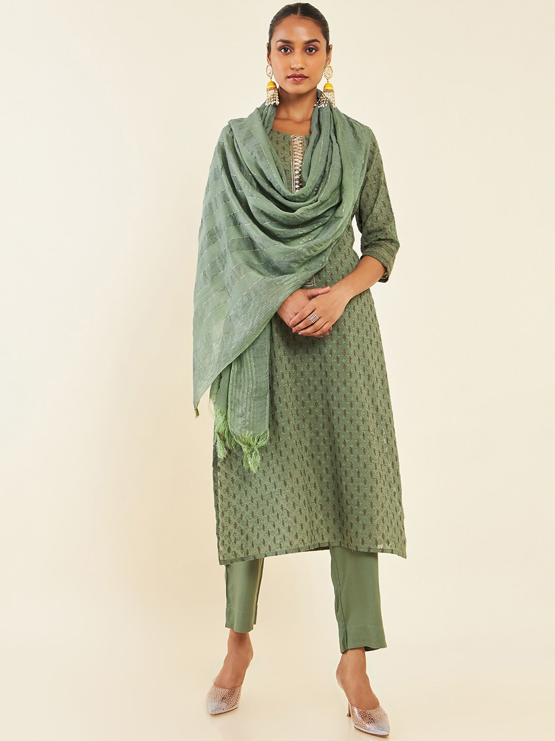 

Soch Olive Green Printed Thread Work Pure Cotton Kurta With Trousers & With Dupatta