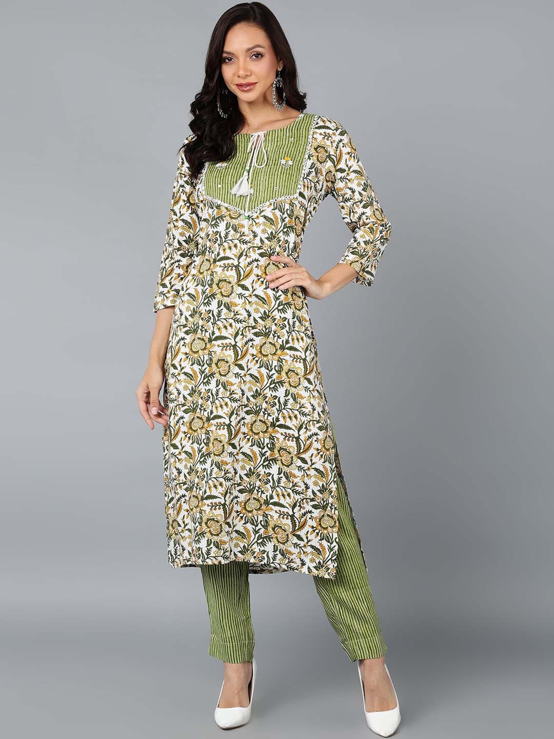 

Glorious Floral Printed Tie Up Neck Pure Cotton Kurta With Trousers, Green
