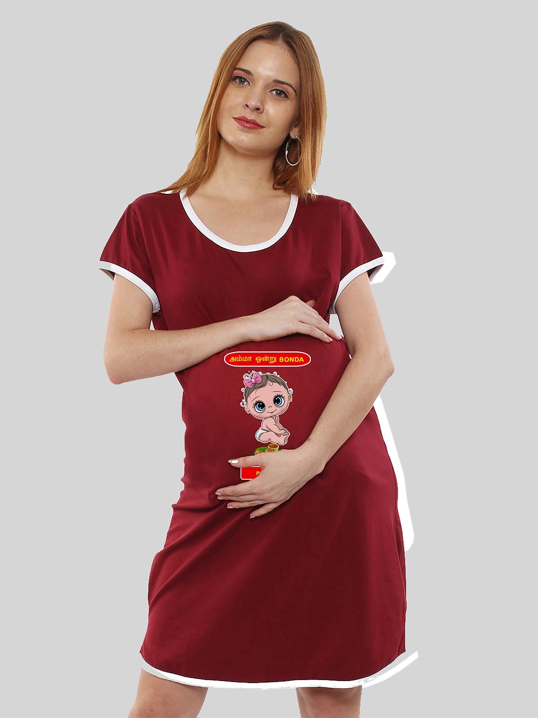 

SillyBoom Graphic Printed Maternity Nightdress, Maroon