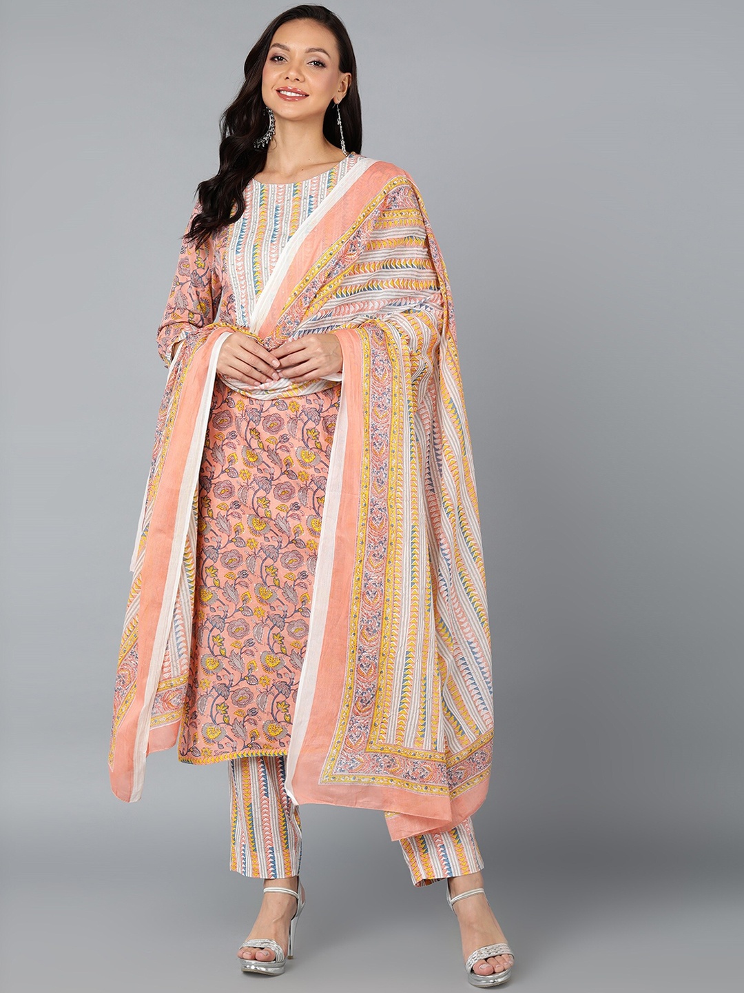 

KALINI Floral Printed Gotta Patti Kurta with Trousers & With Dupatta, Peach