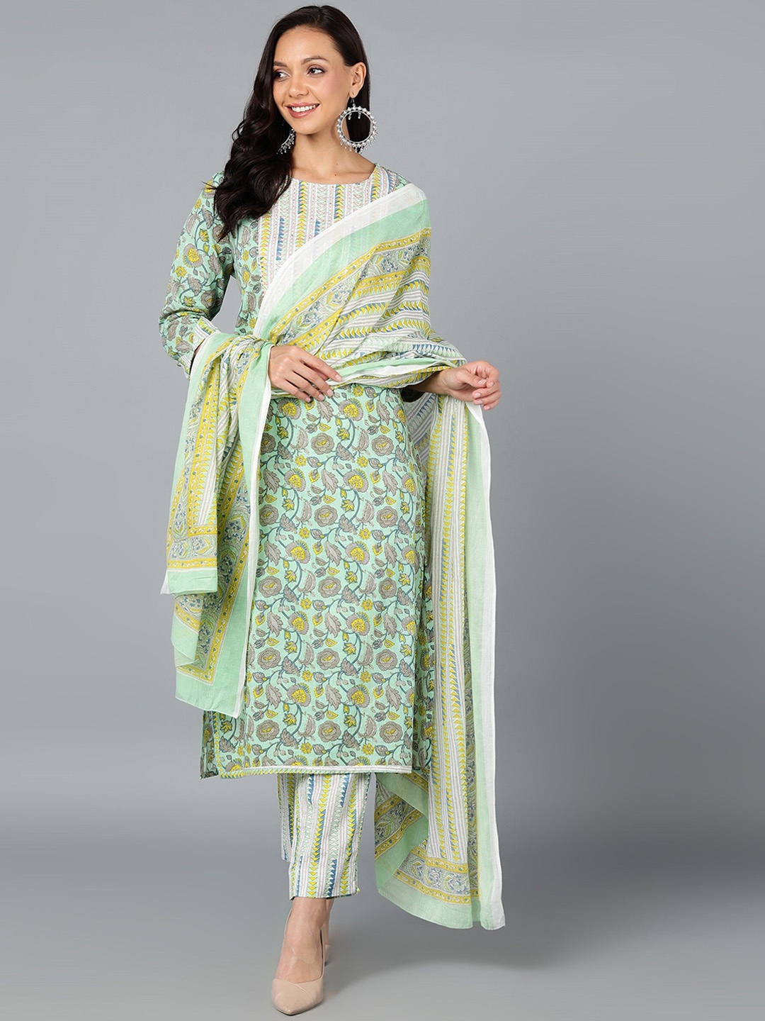 

Glorious Floral Printed Gotta Patti Kurta with Trousers & Dupatta, Sea green