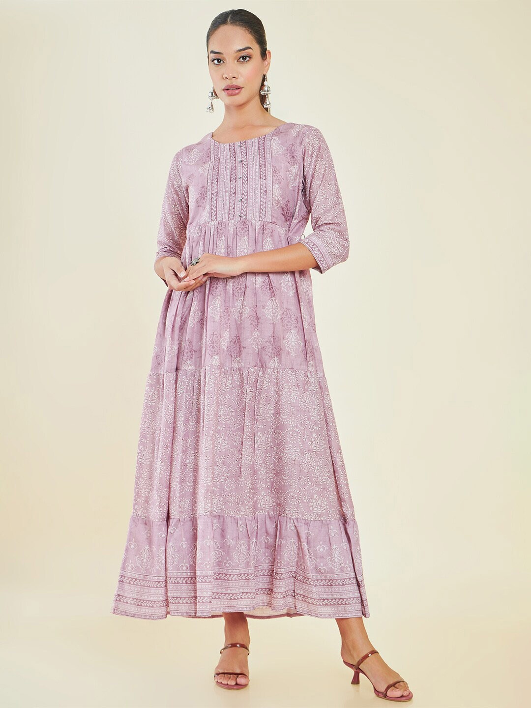 

Soch Purple Ethnic Motifs Printed Fit & Flare Maxi Ethnic Dress, Lavender