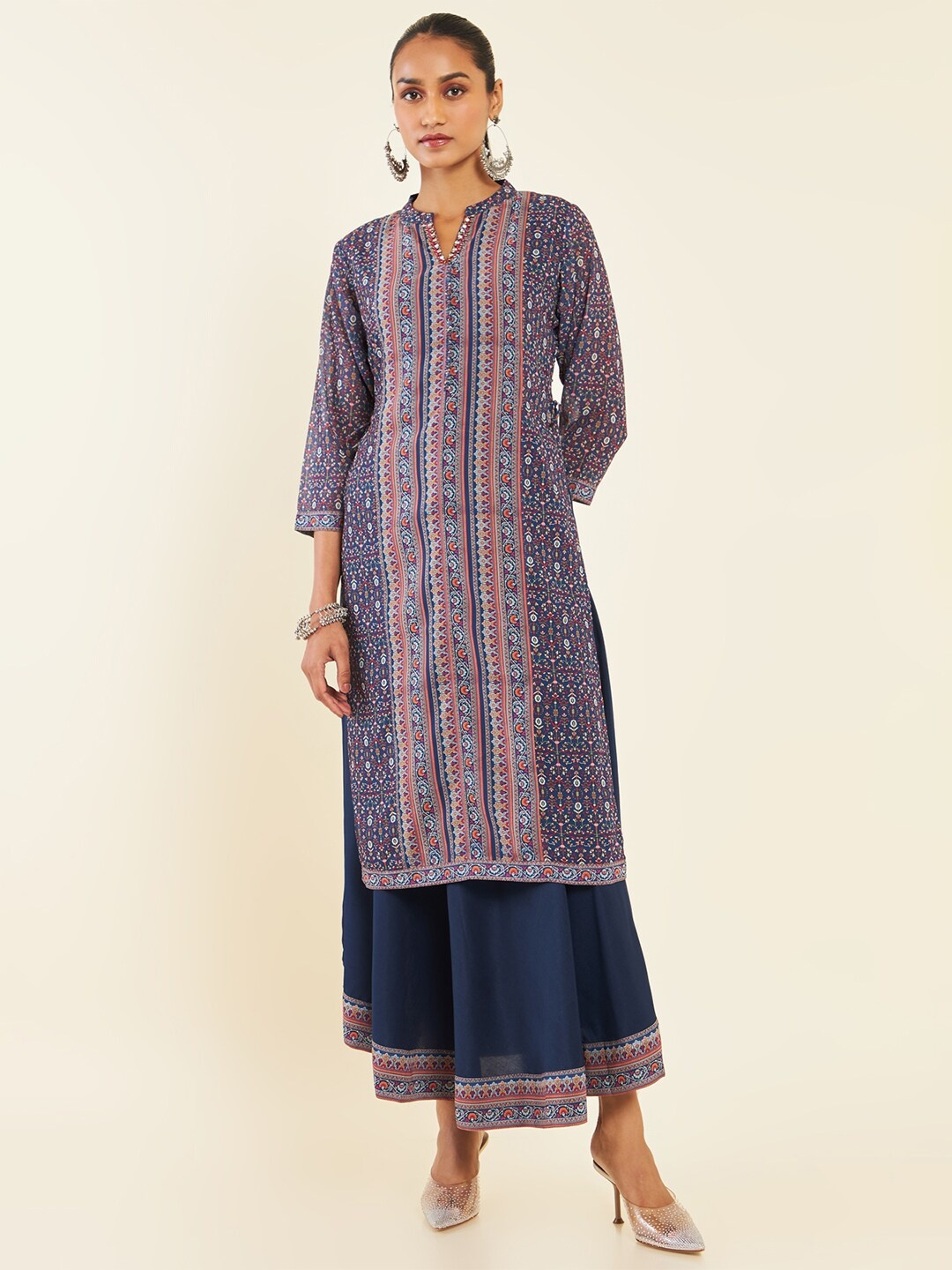 

Soch Ethnic Motifs Printed A-Line Midi Ethnic Dress, Navy blue