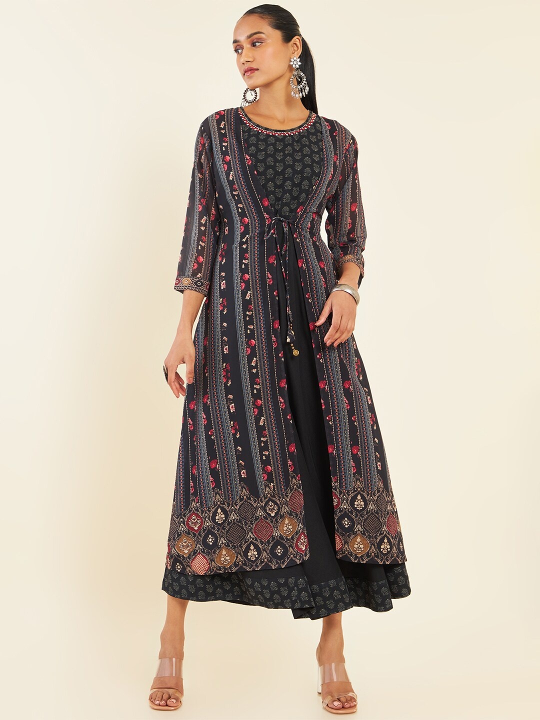 

Soch Black Ethnic Printed Round Neck Midi Georgette A-Line Ethnic Dress With Shrug