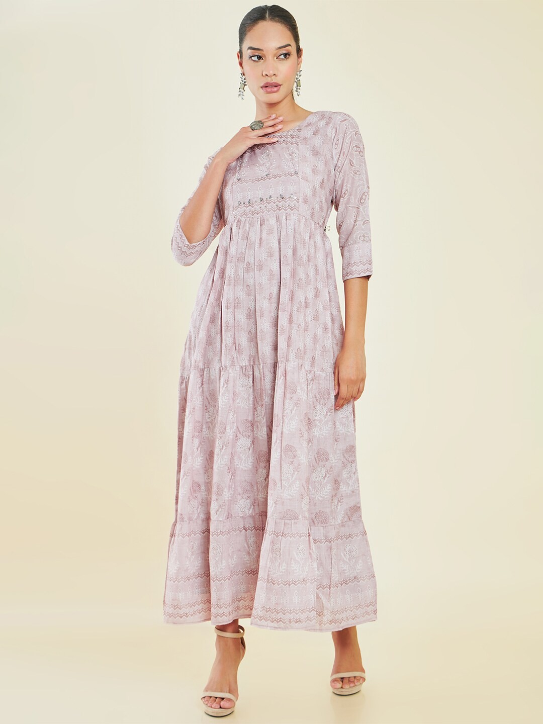 

Soch Floral Printed Sequined Tiered Modal Maxi Ethnic Dress, Beige