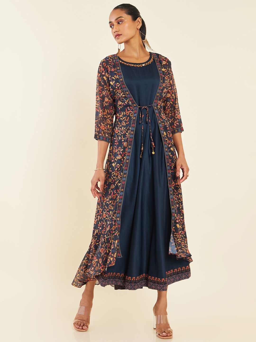 

Soch Navy Blue Floral Printed Layered Fit & Flare Midi Ethnic Dress