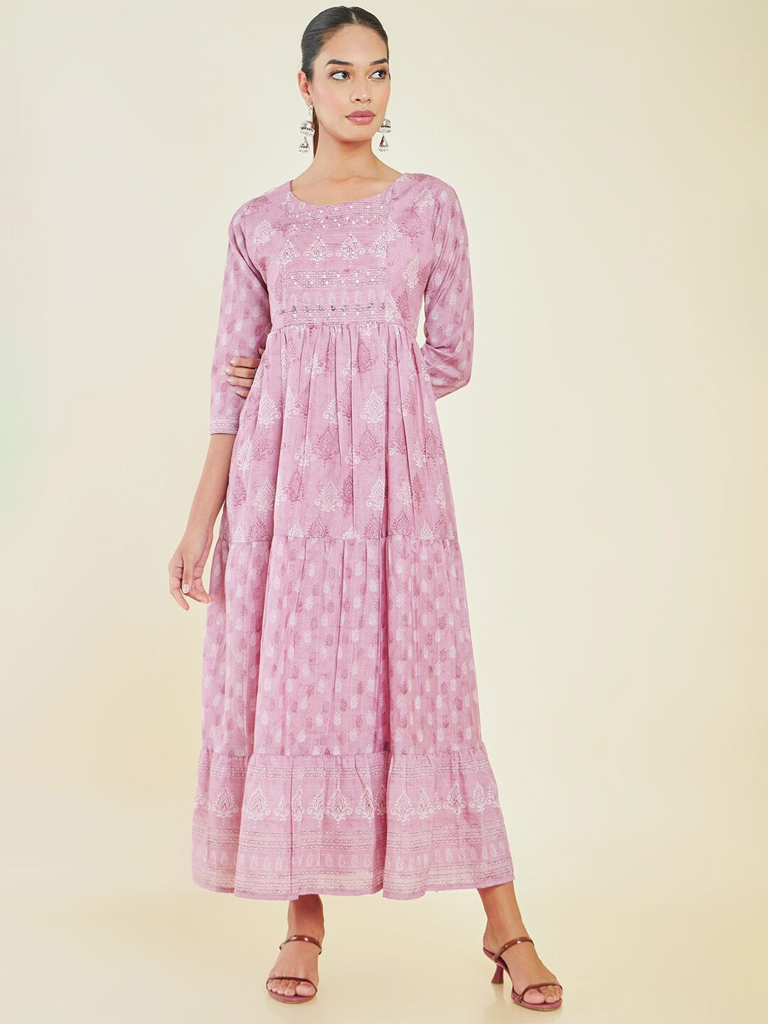 

Soch Floral Printed Sequined Fit & Flare Midi Ethnic Dress, Pink