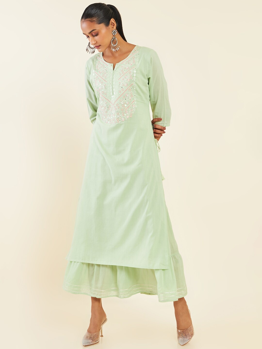 

Soch Floral Embroidered Mirror Work Cotton A-Line Kurta, Sea green