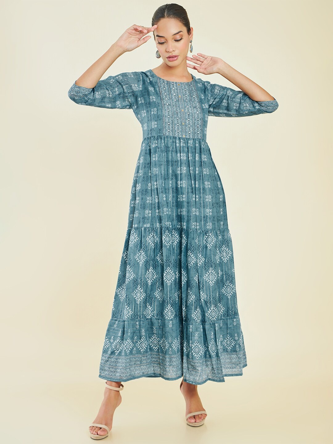 

Soch Ethnic Motifs Printed Tiered Modal Maxi Ethnic Dress, Teal