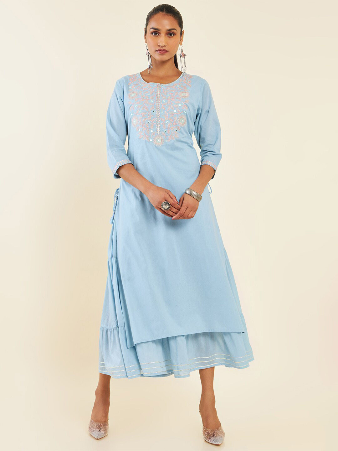 

Soch Blue Floral Embroidered Layered Cotton A-Line Ethnic Dress