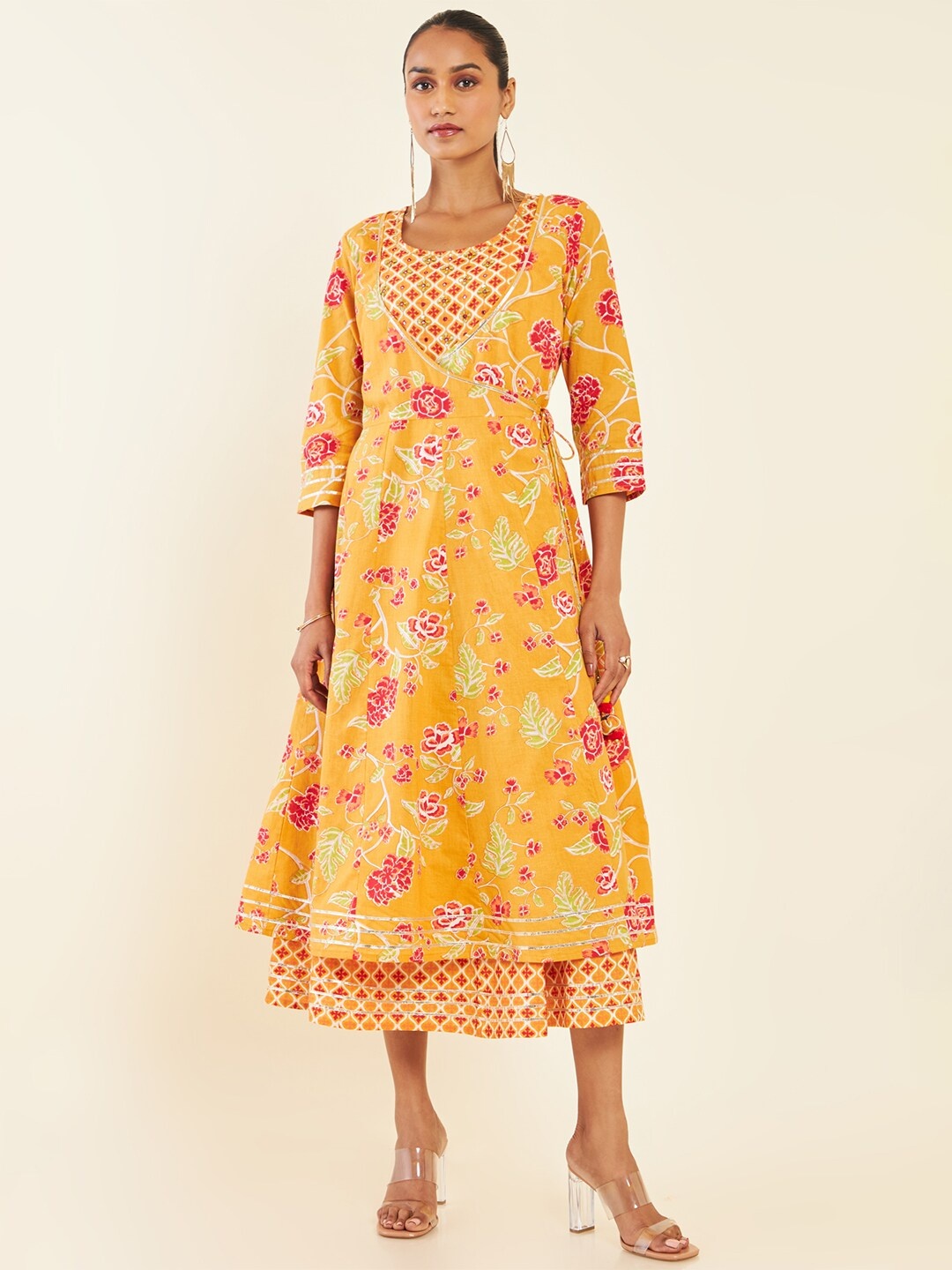 

Soch Sea Green Floral Printed Cotton Fit & Flare Midi Ethnic Dress, Mustard