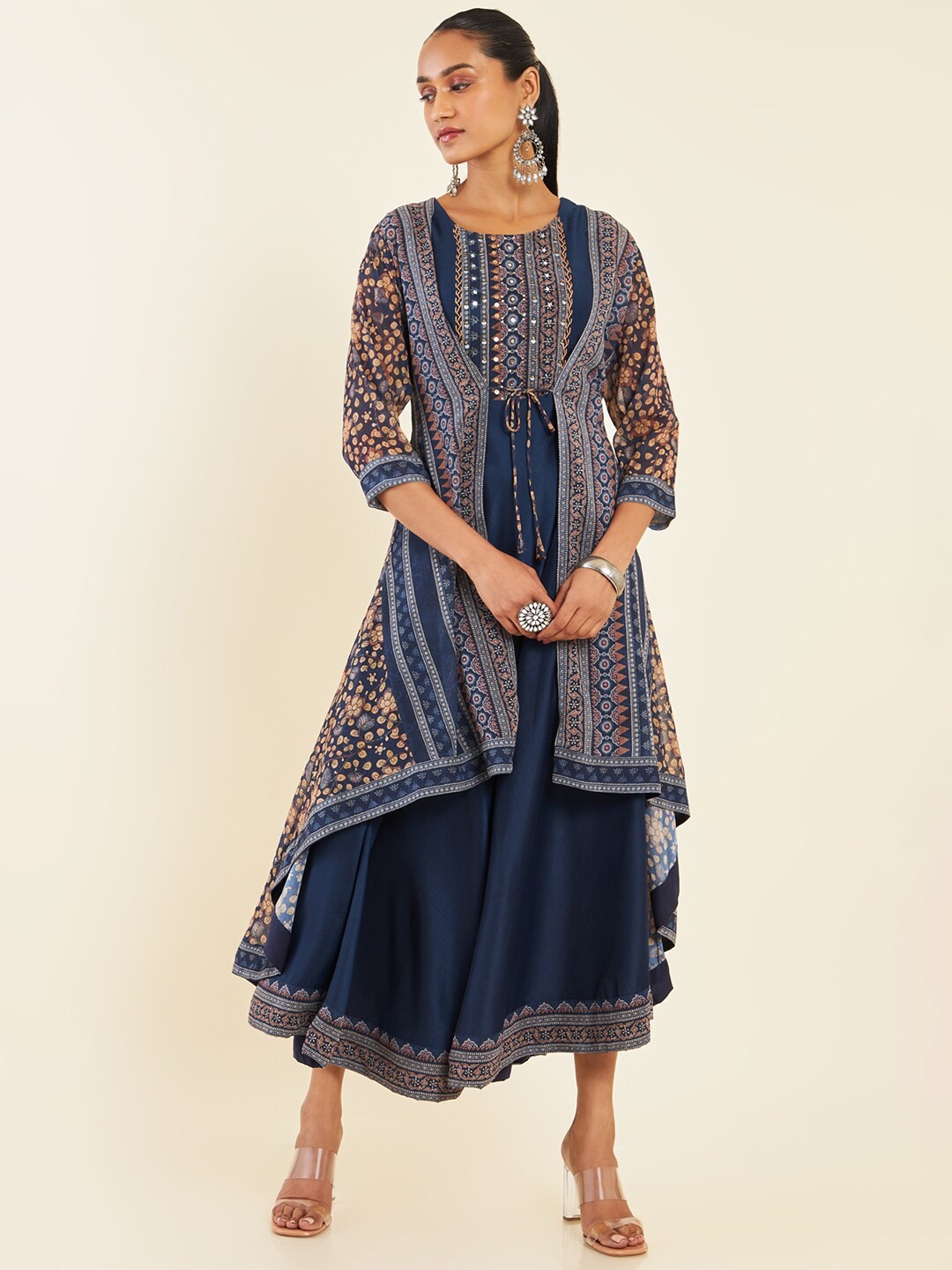 

Soch Navy Blue Ethnic Motifs Printed Layered Fit & Flare Midi Ethnic Dress