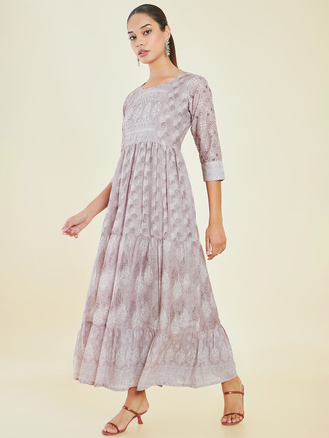 

Soch Grey Ethnic Motif Printed Embellished Tiered Fit & Flare Maxi Ethnic Dress