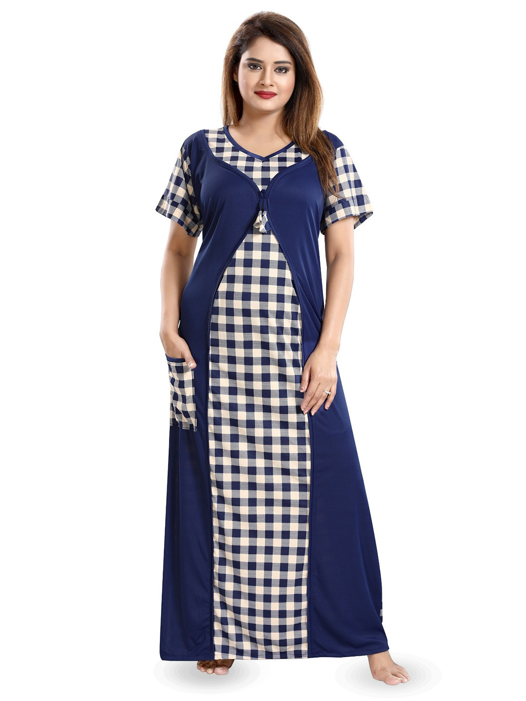 

SHOPPING STATION Checked Satin Maxi Nightdress, Blue