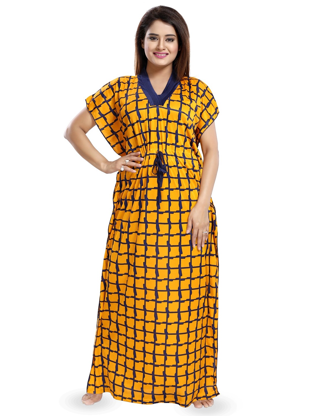 

SHOPPING STATION Checked Satin Maxi Kaftan Nightdress, Yellow