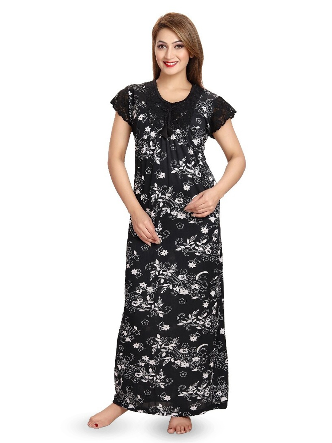 

SHOPPING STATION Floral Printed Satin Maxi Nightdress, Black