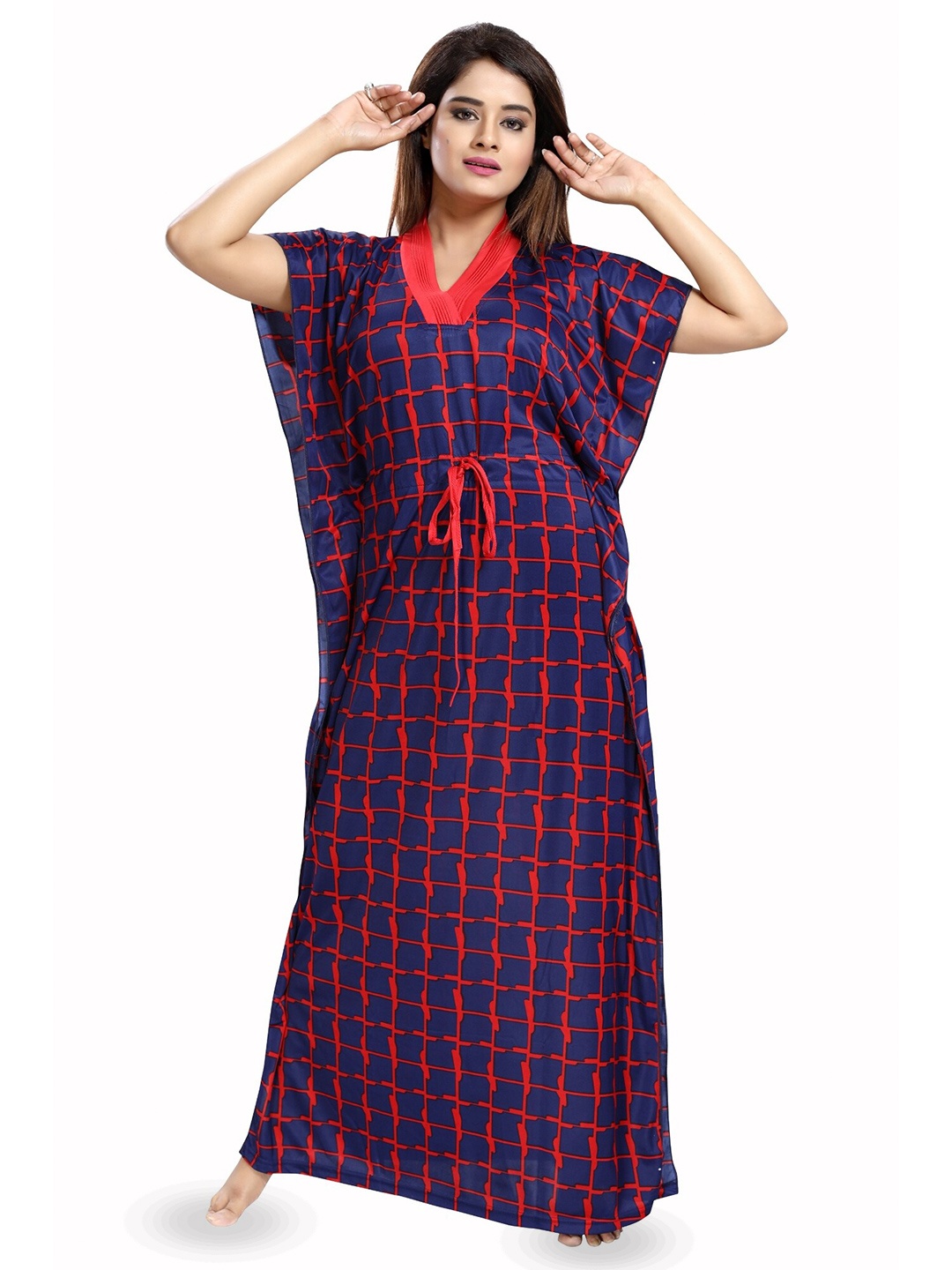 

SHOPPING STATION Checked Satin Maxi Kaftan Nightdress, Blue