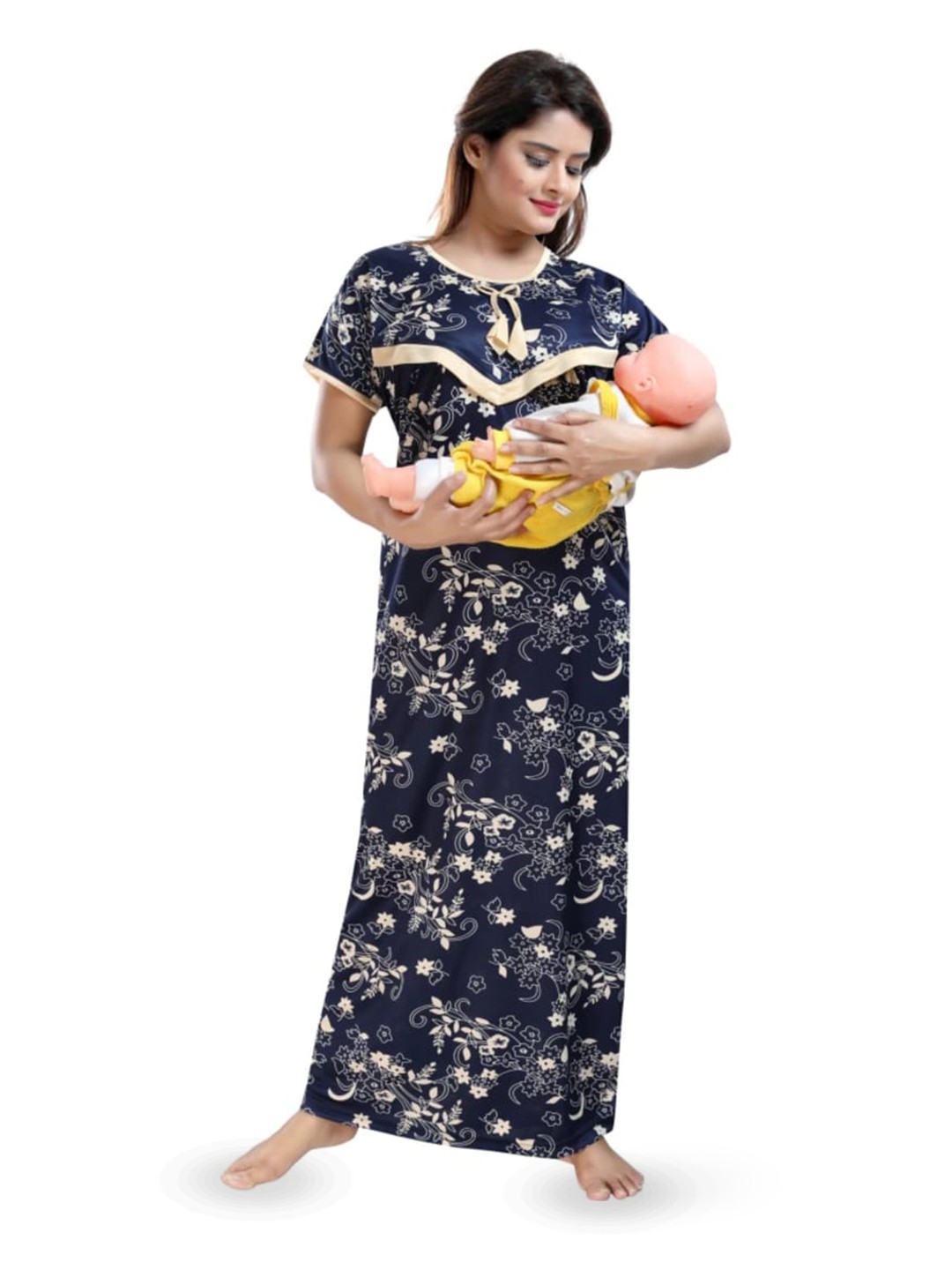 

SHOPPING STATION Ethnic Motifs Printed Satin Maternity Maxi Nightdress, Blue