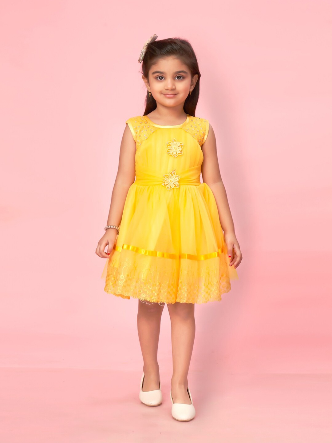 

Aarika Girls Self Design Net Fit & Flare Dress, Yellow