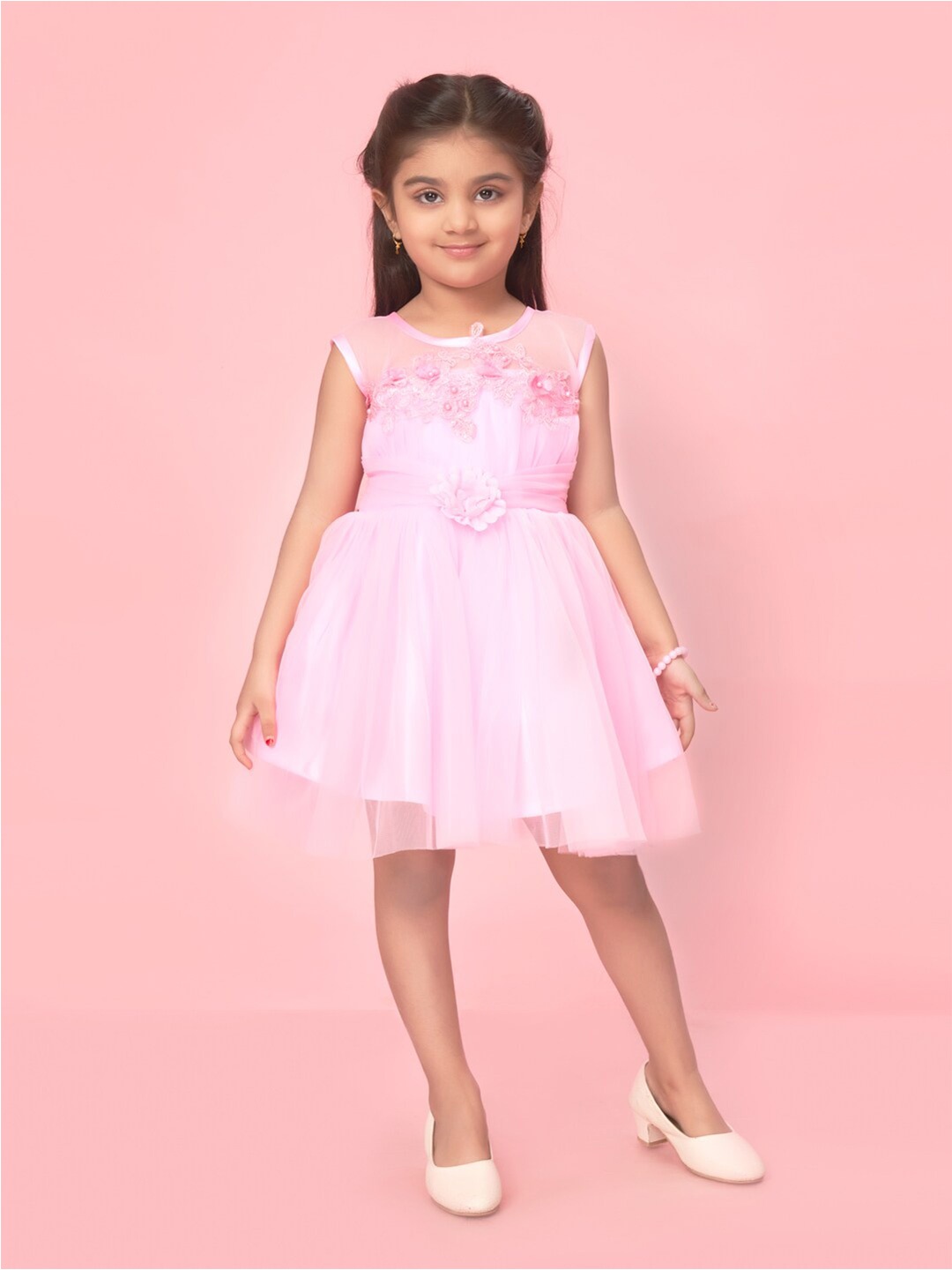 

Aarika Girls Self Design Net Fit & Flare Dress, Pink